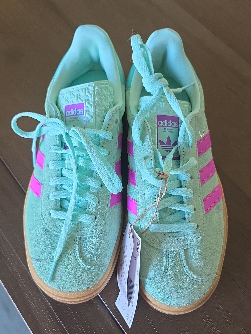 adidas Mint Green Suede Sneakers with Bright Pink Stripes
